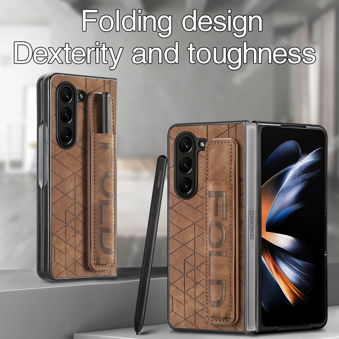 Galaxy Z Fold5 Elegant Leather Wristband & Pen Holder Case