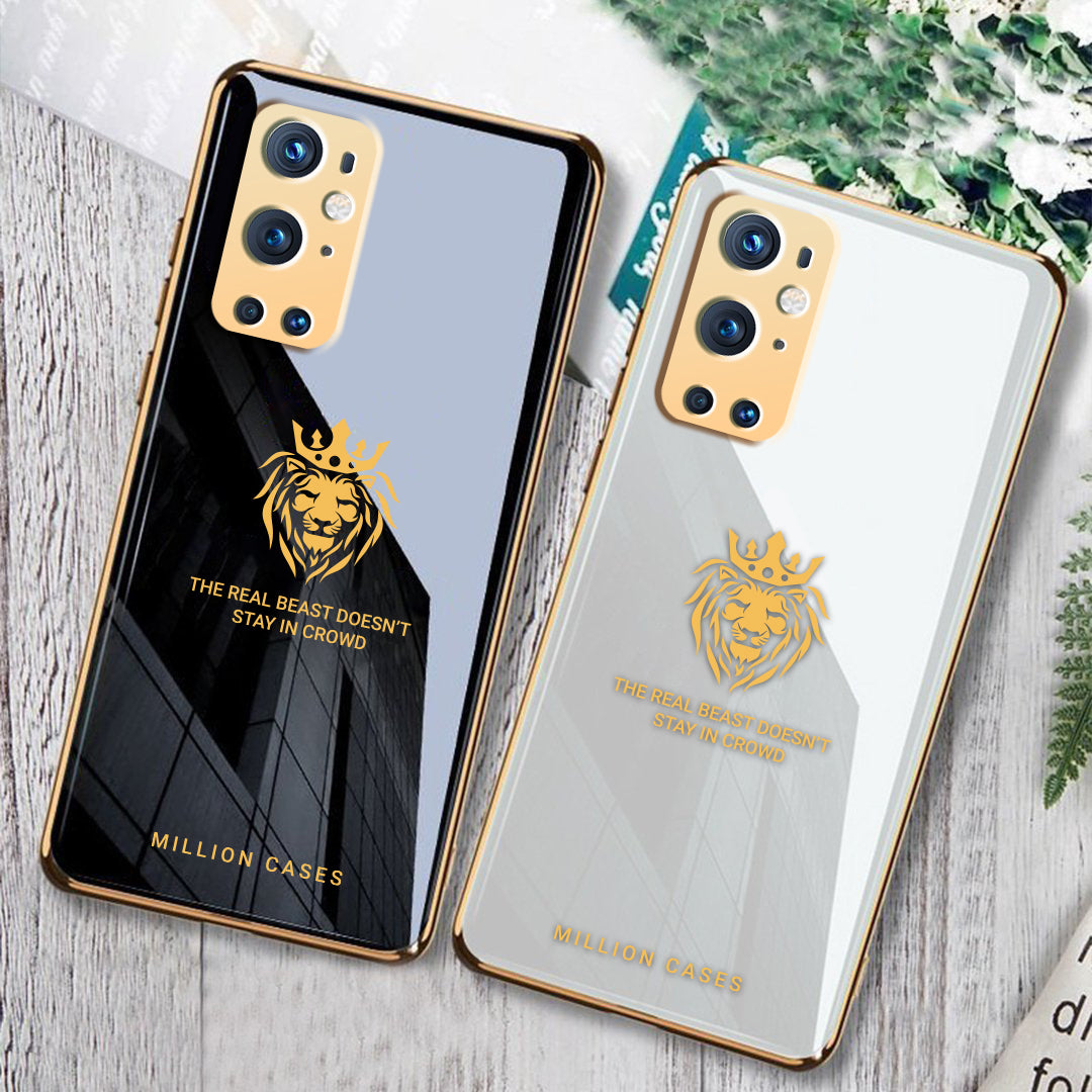 OnePlus Series (3 in 1 Combo) Lion Pattern Electroplating Glass Case +Tempered Glass + Camera Lens Protector