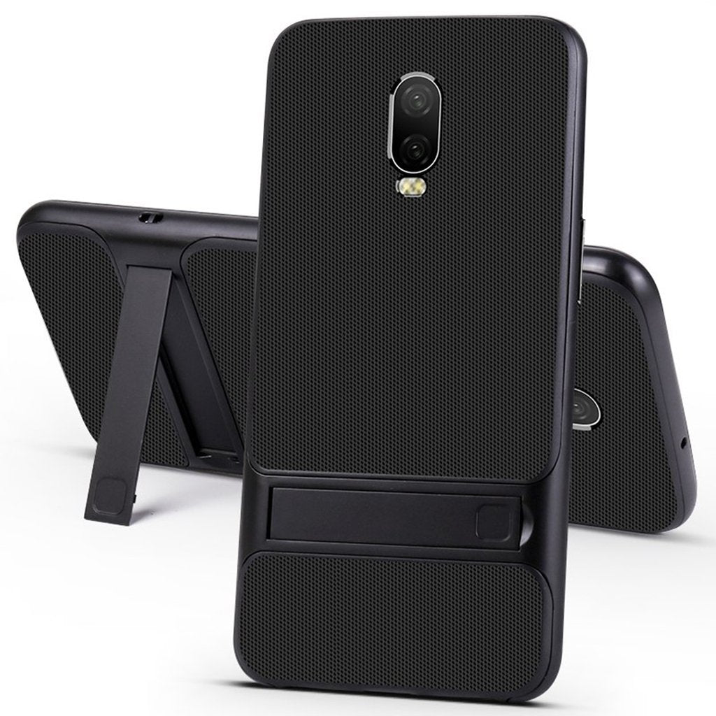 OnePlus 6T (2 in 1 Combo) Silicone Hybrid Kickstand Case + Tempered Glass